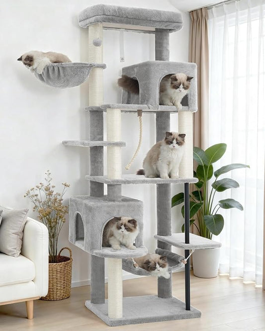 Gitelsnour Cat Tree for Indoor Cats Large Adult, 70.5'' Cat Tower with Scratching Post, Sturdy Steel Pube Cat Tree Tower with Large Playing Platfrom, Hammock and Basket, Top Perch, Light Gray GCT024W