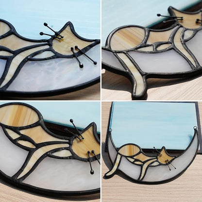 BOXCASA Stained Glass on Moon Cat Windown Hanging,Handcrafted Suncatcher Orange Cat Mom Gifts for Women,Daughter,Mothers Day,Christmas