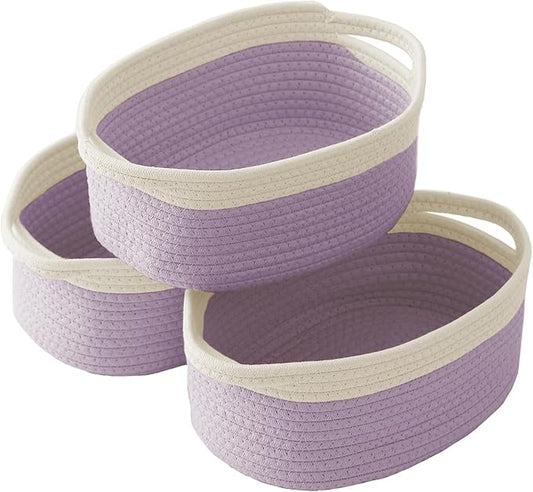 Woven Basket,Small Rope Storage Bin with Handles & Ribbon Bag, Organizer for Shelves Closets,Gift Basket Empty for Birthday,Books,Dog Toys, White&Purple/3 Pack