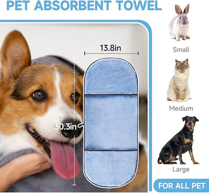 Dog Towels for Drying Dogs Small Medium Large, 2 Pack Dog Cat Drying Bath Towel 30.3"x13.8" with Hand Pocket,Absorbent Pet Towel for Dog Cat Blue