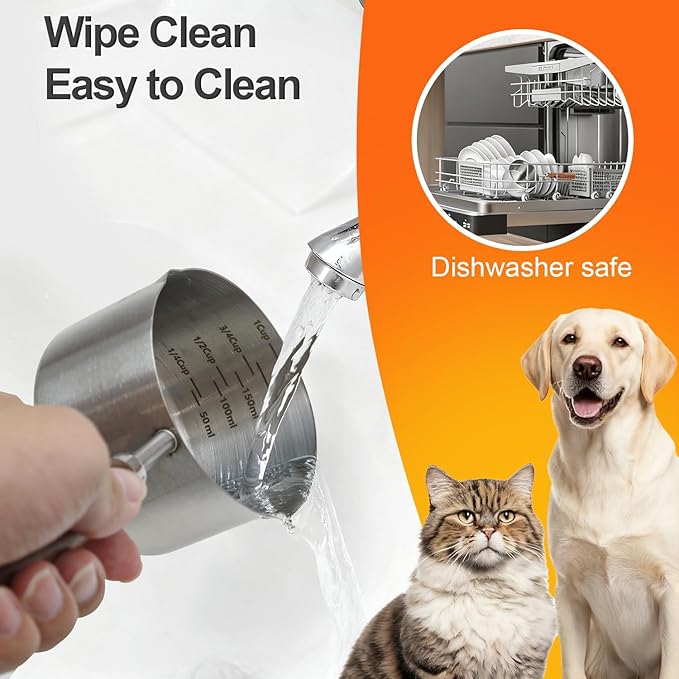 Dog-Cat Food Scoop 1 Cup – 304 Stainless Steel Measuring Cup with Long Walnut Handle, Precise Scale for Pet Food, Easy to Clean & Durable Metal Scoop for Dogs, Cats, and Kitchen Use