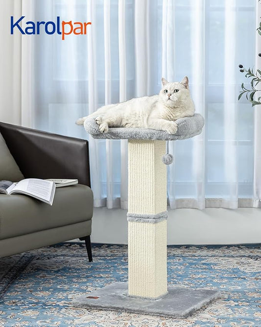 Karolpar 32" Cat Scratching Post for Indoor Cats, Sisal Cat Scratcher with Plush Perch, Large Scratch Post with Bed, Removable Cover, Sisal Fabric,Light Grey