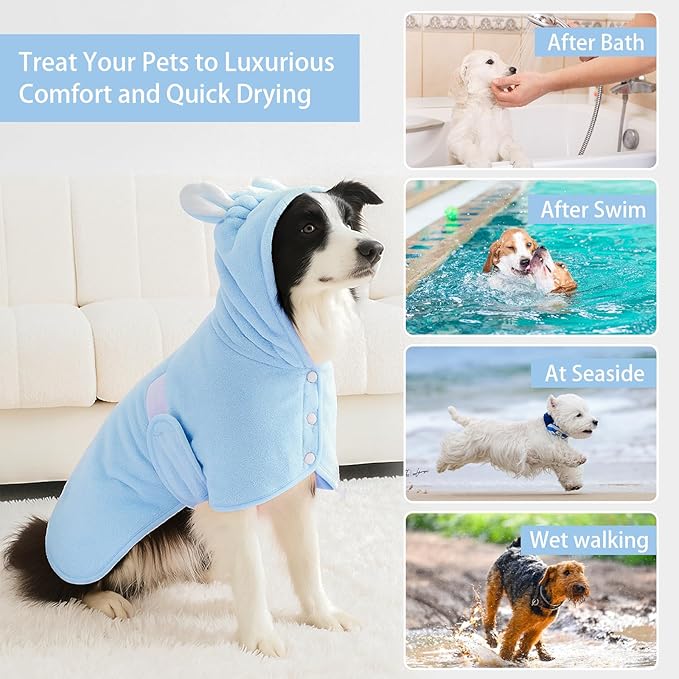 Pet Bathrobe Towel Dog Cat Drying Coat Super Absorbent Cute Dogs Bath Towel Hooded Robe Adjustable Collar & Belly Strap for XSmall to XLarge Pets (Blue, Medium)
