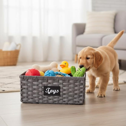 Geyecete dog toy basket Foldable Pet Toy Storage Box, Gray square Seagrass & Iron Wire Design for Organized pet toy bin basket Wicker dog toy box
