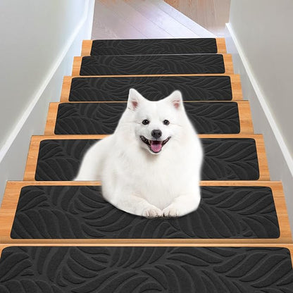 Stair Treads for Wooden Steps - Non Slip Stairs Carpet Tape Peel and Stick with Double Adhesive Tape Set of 15 Leaf -Black
