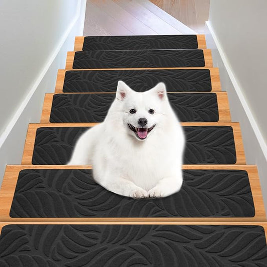 Stair Treads for Wooden Steps - Non Slip Stairs Carpet Tape Peel and Stick with Double Adhesive Tape Set of 15 Leaf -Black