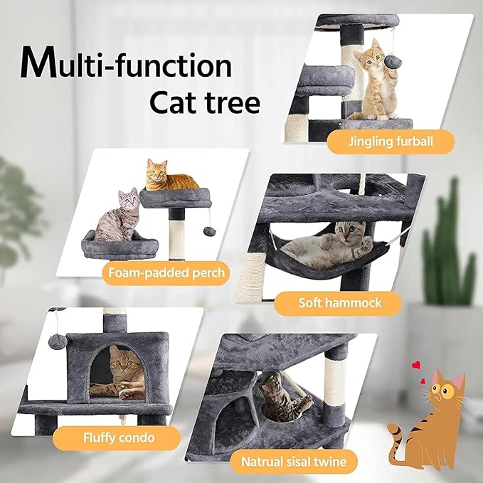Cat Tree, 68-Inch Cat Tower for Indoor Cats, Plush Multi-Level Cat Condo with 7 Scratching Posts, 2 Perches, 2 Caves, Hammock (Darkgray)