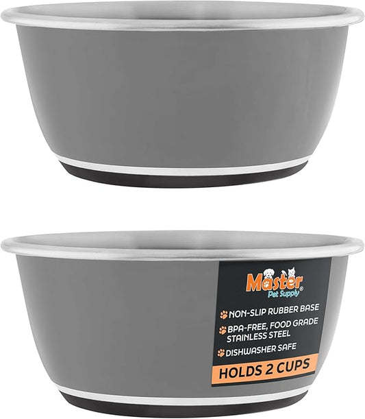 Master Pet Supply Stainless Steel Dog Bowls Set of 2 (16 Oz Each) with Non-Slip Rubber Base - Graphite - Basic Dog Food Bowl Water & Food Bowls for Small Medium Large Dogs & Cats, Metal Dish