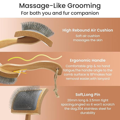 Dog Slicker Brush for Shedding,Dog Brush for Long Haired Dogs & Remove Tangles & Mats,Ergonomic Handle Grooming Like Professional,Beech Wood,M