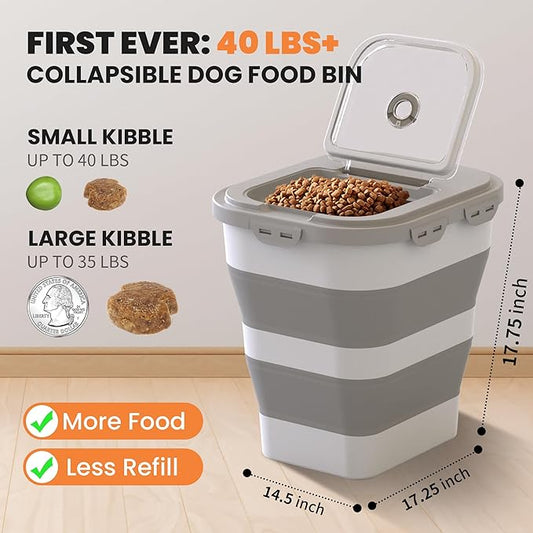 35-40 Lbs Airtight Dog Food Storage Container, Collapsible Dog Food Container with Lid, Wheels, Date Track, Large Pet food storage Container for Rice,Flour,Sugar,Dog Food Scoop,2PCS Containers