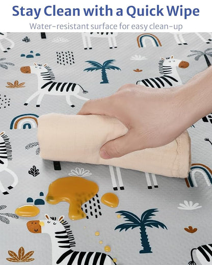 Blissful Diary Baby Splat Mat for Under High Chair, 50.4 x 50.4 Inch Wipeable Splash Mat, Waterproof and Washable, Anti-Slip Floor Protector, Gray Zebra