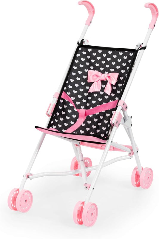 Bayer Doll Stroller Foldable Umbrella - Black & Pink Hearts, 18 inch