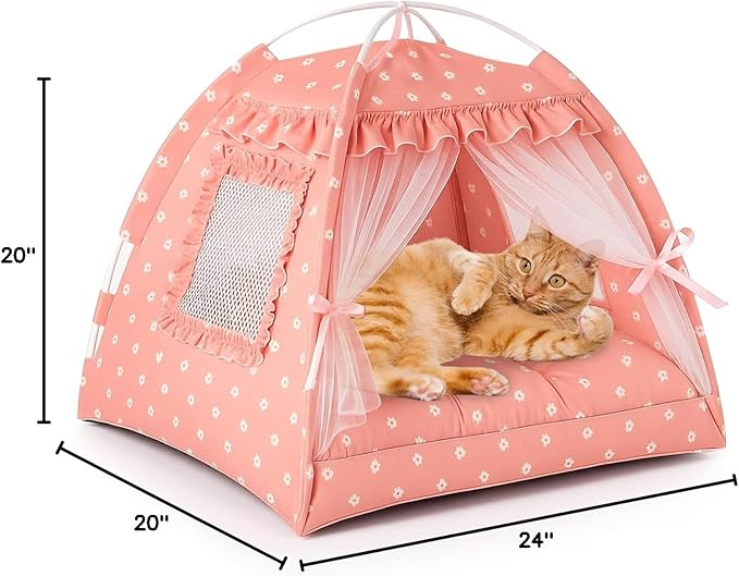 Cat Tent, Pink Cat Tents for Indoor Cats, Foldable Cats Teepee with Lace Mesh Breathable Windows, Portable Pet Tent for Small Pussy Dogs up to 5.5lbs(13.8 X 13.8in) (Pink, S)
