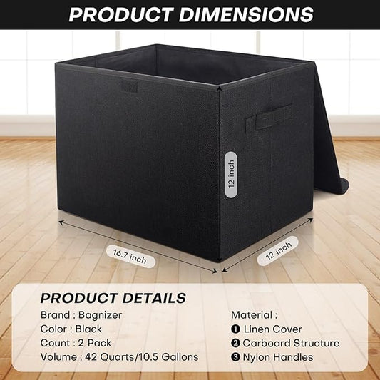 Large 42 Quarts Fabric Storage Bins with Lids [2-Pack] Linen Collapsible Foldable Storage Cubes, Closet Organizer Containers boxes with Handles for Home Office (16.7 x 12 x 12, Black)