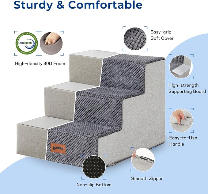 Dog Steps for Couch - Pet Stairs for Small Dogs and Cats, Dog Steps with Non-Slip Bottom Grey 3 Steps, Beige