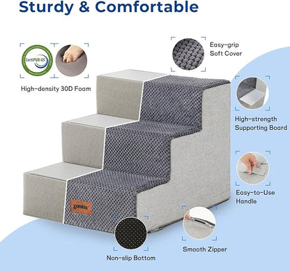 Dog Steps for Couch - Pet Stairs for Small Dogs and Cats, Dog Steps with Non-Slip Bottom Grey 3 Steps, Beige