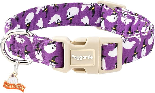 Faygarsle Halloween Dog Collar with Charm, Purple with Ghost Pattern, Adjustable Pet Collar for Small Medium Large Dogs,M
