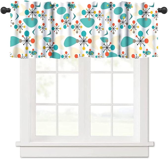 Mid Century Modern Kitchen Valance Curtains, Retro Atomic Starburst Abstract Geometric Pattern 1950S 60S Vintage Window Curtain Valance for Bedroom Living Room 54x18inch