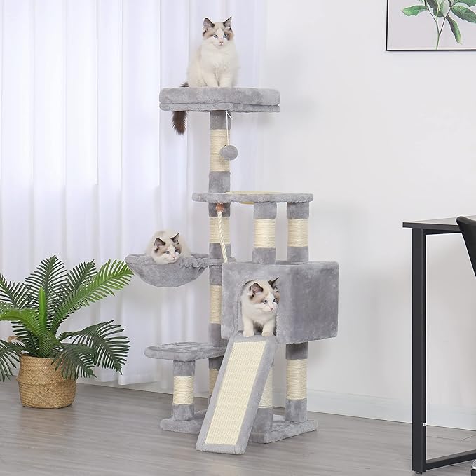 Heybly Cat Tree, Cat Tower for Indoor Cats with Scratching Board, Multi-Level Cat Furniture Condo with Feeding Bowl Light Gray HCT010SW
