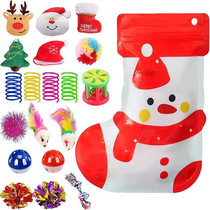 Christmas Cat Toys 19pcs, Christmas Stocking Assorted Toys Cat Gifts with Ball Toy, Cat Spring Toy, Mouse, Crinkle Balls, Interactive Cat Toy for Indoor Cats