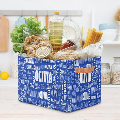 Personalized Kids Toy Box with Name, Custom Nursery Baskets Cubes Box, Kids Custom Storage Basket Laundry Baskets Organizer with Handles, Royal Blue Background