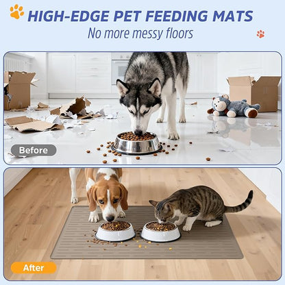 Large Dog Mats for Food and Water, 32"x24" Waterproof Pet Food Mats for Floor Nonslip Silicone Bowl Mats with Raised Edges
