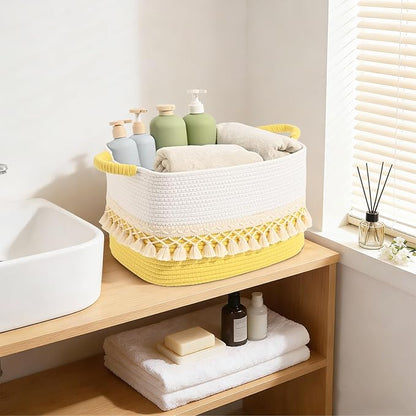 2 Pack Storage Basket for Shelves, Boho Cotton Rope Storage Bins with Heavy Tassel, Shelf Baskets Large Woven Baskets for Organizing, Cube Organizer Bins, Baby Laundry Basket for Clothes, Toys, Pets