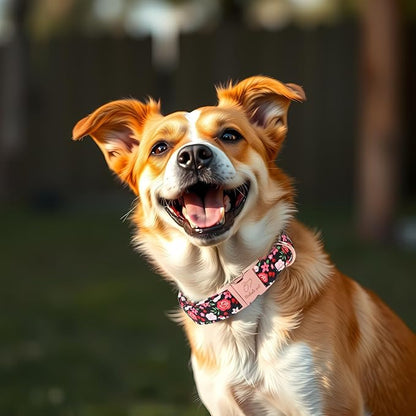 Floral Dog Collar - Rose Red Wild Flowers Pattern Cute Puppy Collar, Adjustable Winter Holiday Metal Buckle Dog Collars for Small Medium Large Dogs XL