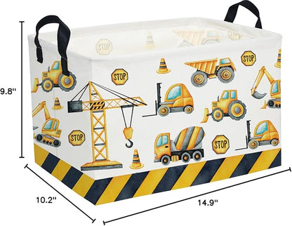 Essme Rectangular Kids Baskets,Car Storage Basket with Handles for Boys Room Decor,Vehicle Storage Bin（Engineering Vehicle）