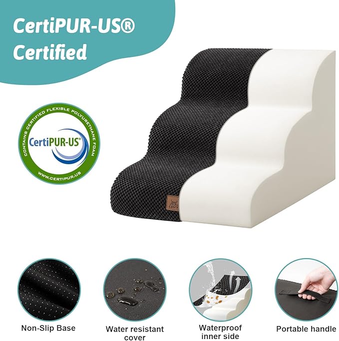 Wide Dog Stairs for Small Dog 15.7" H, Pet Step for Puppy, Older Cat, Curved Ramp for Couch, Durable Anti-Slip Ladder with High Density Foam, 3 Step, 17.7x22.4x15.7 inch, Black