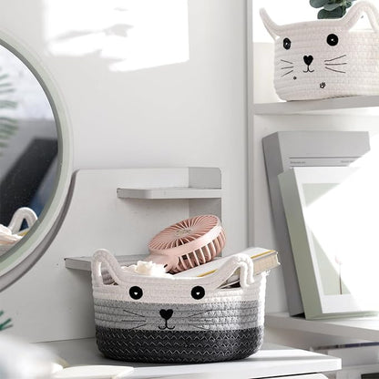 Zopeal Cat Basket Storage Woven Organizer with Ears Easter Decorative Pet Toy Cute Cotton Rope Basket for Gift Cat Dog Toy Bin Nursery Room(8.3 x 4.7 Inch,White, Light Gray and Gray)