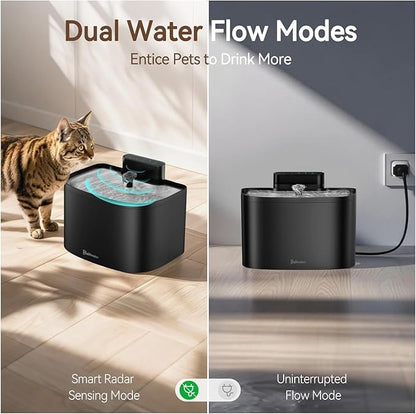 Cat Water Fountain, 122oz/3.6L Pumpless Wireless Cat Fountain, Cordless Water Fountains for Cats Indoor, Battery Operated Dog Pet Water Fountain with Stainless Steel Tray (Black, Fountain+2 Fliters)