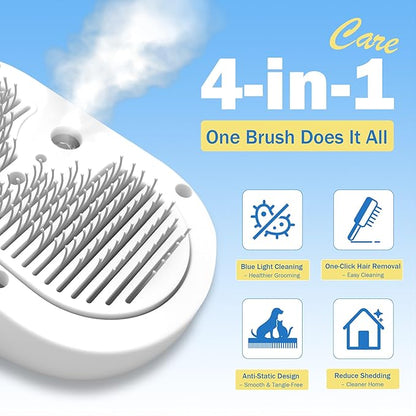 PETCHO 4-in-1 Pet Grooming Steam Brush for Cats & Dogs – Steam Spray, Blue Light, Hair Removal, Self-Cleaning Comb – Includes Pet Waterless Shampoo