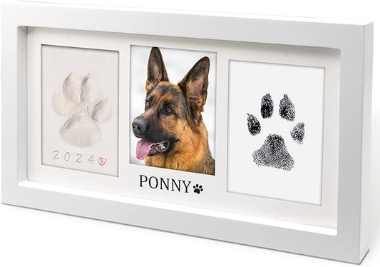 MYPAWLETS Extra Large Paw Print Frame Kit,Dog/Cat Paw Print Kit,Soft Pawprint Clay&Clean Touch Ink Pad,Pet Paw Print Impression Kit with Customization Tool,Wooden Pet Memorial Frame-White