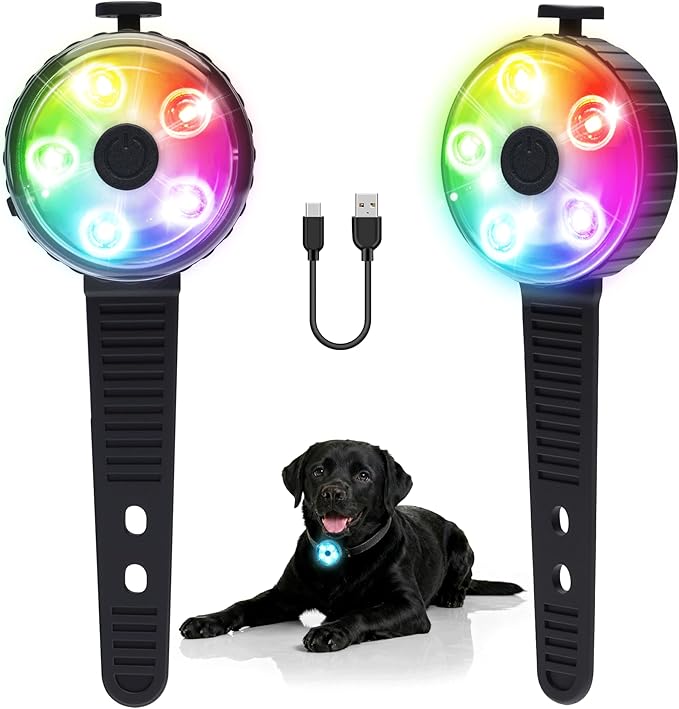 2-Pack Dog Collar Light, Fyorbietail 2025 Upgraded 8 Changing Rechargeable Dog Light with Durable Silicone Band, IPX7 Waterproof Collar Lights for Nightwalking, Hiking