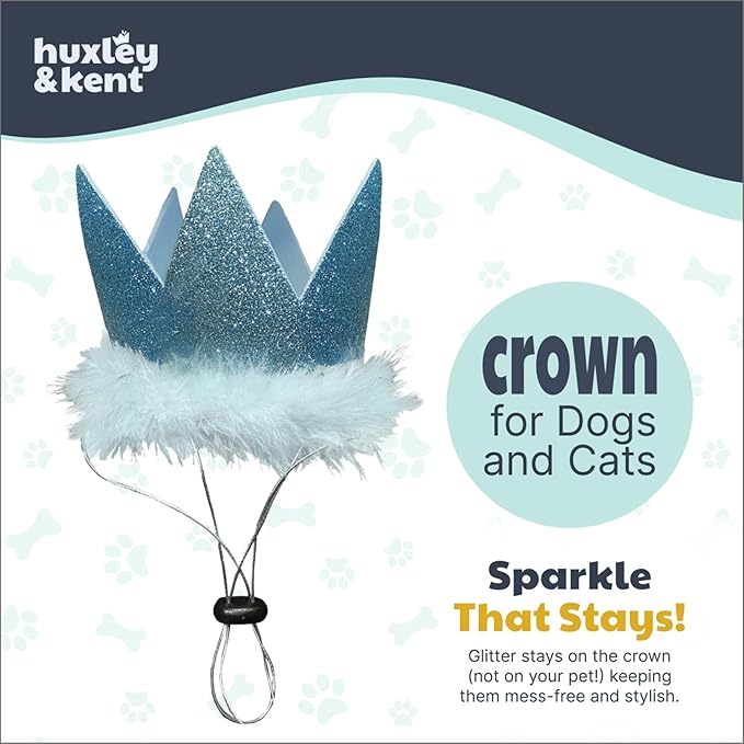 Huxley & Kent Pet Party Crown Hat for Dogs & Cats - Comfortable SnugFit Adjustable Straps - Glitter Crown for Parties, Gotcha Days & Celebrations - Blue, Large