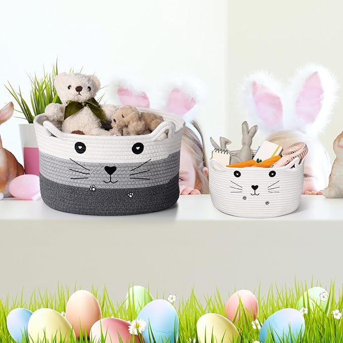 Zopeal Cat Basket Storage Woven Organizer with Ears Easter Decorative Pet Toy Cute Cotton Rope Basket for Gift Cat Dog Toy Bin Nursery Room(13.7 x 7.8 Inch,White, Light Gray, Dark Gray)