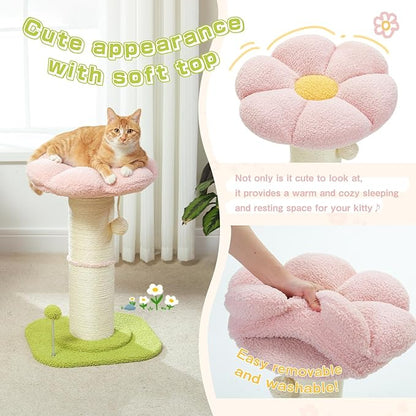 PEQULTI Flower Cat Scratching Post, Small Cat Tree, Scratcher for Indoor Cats with Super Thick Scratching Post [Dia=5.5''], Removable Flower Bed, Cat Scratch Post with Spring Ball, Pink