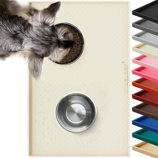 VIVAGLORY Dog Bowl Mat Grippymat Pet Food Mat, Waterproof Washable Nonslip Silicone for Pet & Cat, Food and Water Placemat with Lip & Raised Edges for Indoor Floor, S, Ivory
