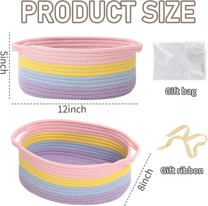 Woven Basket,Small Rope Storage Bin with Handles & Ribbon Bag, Organizer for Shelves Closets,Gift Basket Empty for Birthday,Books,Dog Toys, Rainbow