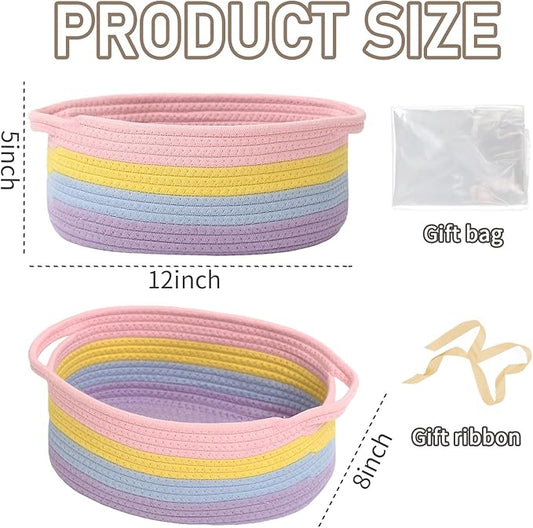 Woven Basket,Small Rope Storage Bin with Handles & Ribbon Bag, Organizer for Shelves Closets,Gift Basket Empty for Birthday,Books,Dog Toys, Rainbow