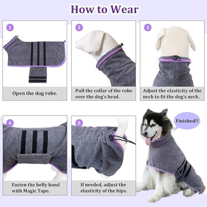 Dog Drying Coat Bathrobe Towel,Microfibre Material Fast Drying Super Absorbent Dog Bath Robe, Pet Quick Drying Moisture Absorbing with Adjustable Collar and Waist
