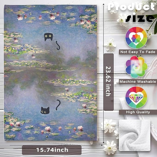 Black Cat Kitchen Towels - Quick-Dry Decorative Hand Towel for Art Enthusiasts & Cat Lovers | Vintage Masterpiece Water Lilies Dish Towels for Whimsical Home Accent,Unique Christmas Home Decorations