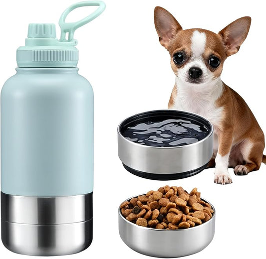 Insulated Dog Water Bottle with 2 Bowls, 32oz Travel Stainless Steel Double Wall Thermos, Portable Pet Dispenser, Gifts for Puppy Small Medium Dogs Walking Hiking and Camping