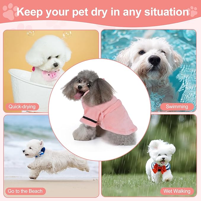 Bathrobe for Teacup Dogs, Dog Bath Robe, Dog Towel Robe, Hooded Dogs Bathrobe Towel Quick Drying and Super Absorbent Bath Towel with Belt(Pink)