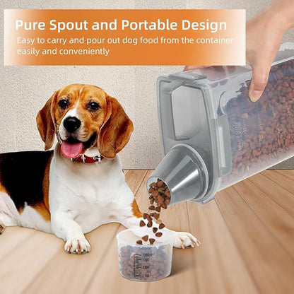 3-5Lbs/3Qt Dog Cat Food Storage Container With Foldable Bowl. Plastic Pet Food Dispenser for Small Animal Kibble/Pet Food/Bird Seed/Oatmeal/Rice/Flour/Brown Sugart/Cereals (Clear Grey)