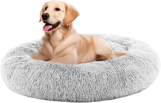Sweetcrispy Donut Dog Bed, Large Round Calming Cat Bed with Washable Waterproof Cushion, Anti-Anxiety & Anti-Slip Fluffy Cuddle Cozy Faux Fur Plush for Pet Puppy Indoor Sleeping (30.7"x30.7", Gery)