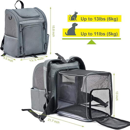 Expandable Pet Carrier, Airline-Approved Foldable and Detachable Backpack, Fits 13lbs Cat&11lbs Small Puppy Dog, for Car Travel,Camping and Emergency Transportation and Shelter (Grey)