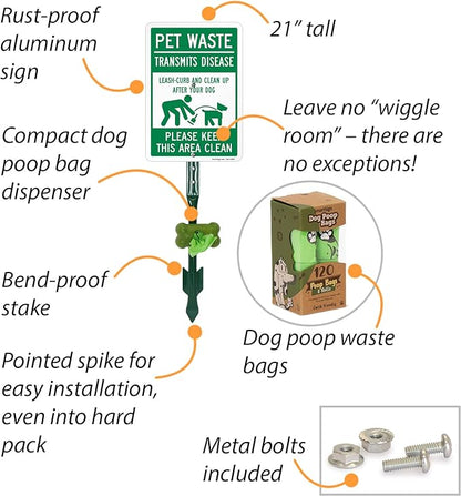 SmartSign Pet Waste Transmits Disease Leash/Curb/Clean Up Yard Sign & Clip-On Preloaded Dispenser Combo/Kit with 135 Dog Poop Waste Bags, 7"x10" Rust-proof Aluminum Sign with 18-inch Steel Stake