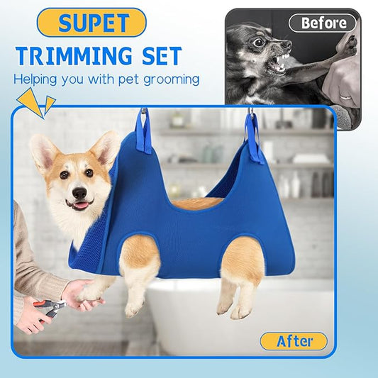 Supet Dog Grooming Hammock Harness for Dogs Cats, Relaxation Pet Nail Clipper Hammock, Restraint Dog & Small Animal Leashes Sling for Groomingk for Nail Trimming (Blue, 2XS)